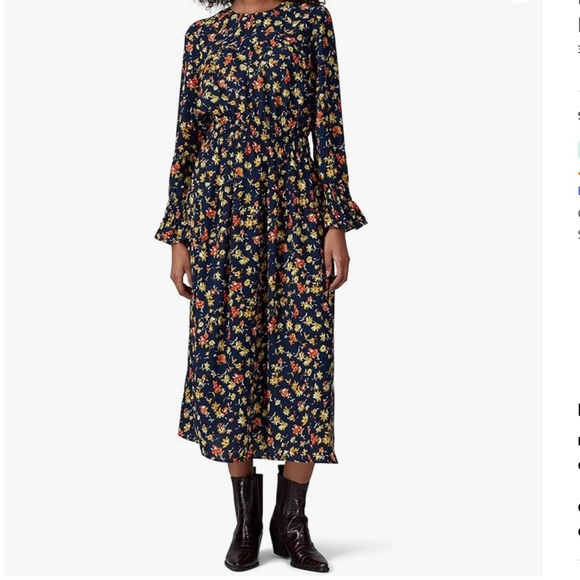 Whistles Dresses & Skirts - Whistles‎ Navy Floral Smocked Waist Midi Dress Long Sleeve Ruffle Cuff